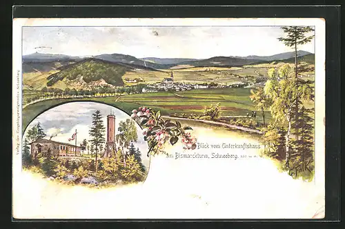 Künstler-AK Schneeberg, Blick vom Unterkunftshaus am Bismarckturm