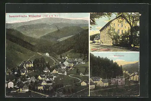 AK Wildenthal, Blick auf den gesamten Ort im Tal, Villa Fischer, Hotel Drechsler