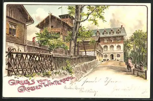 Lithographie Schandau, Gäste am Aussichtsturm auf dem Grossen Winterberg