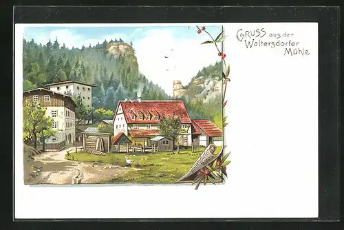 Lithographie Waltersdorfer Mühle, Gasthaus unter dem Berg