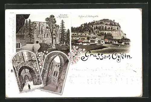 Lithographie Oybin, Ansicht von der Mittagseite aus, Friedhof und Kirchruine, Ruineninneres, der Kreuzgang