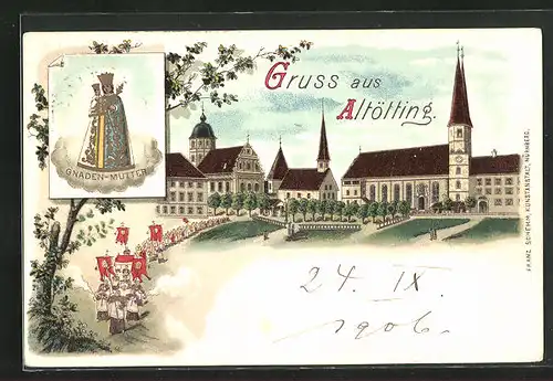Lithographie Altötting, Marktplatz mit Kirchen, Gnaden-Mutter