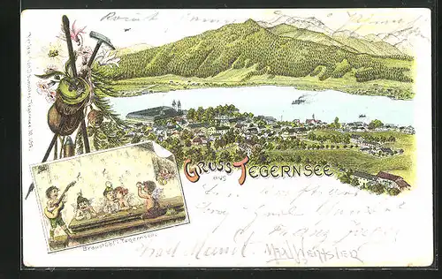 Lithographie Tegernsee, Braustübl im Tegernsee, Gesamtansicht