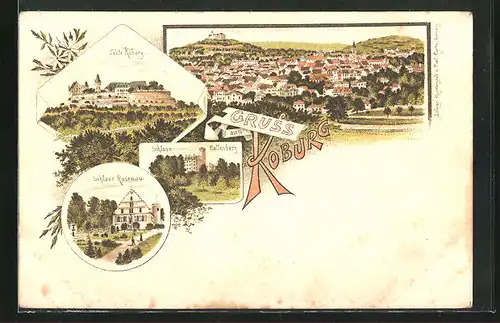 Lithographie Coburg, Schloss Callenberg, Schloss Rosenau, Gesamtansicht