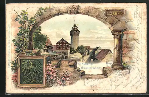 Passepartout-Lithographie Nürnberg, Brunnenhäuschen mit Turm, Wappen