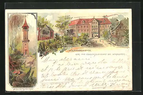 Lithographie Schmausenbuck, Hotel Kurhaus, Ausssichtsturm im Wald