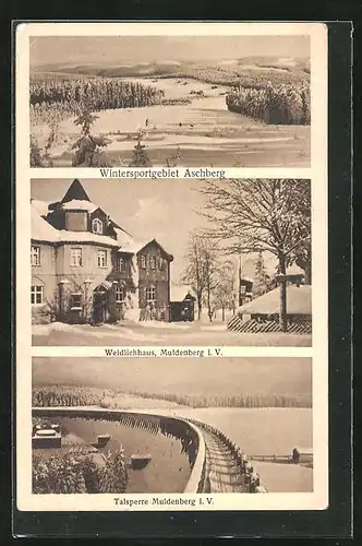 AK Muldenberg i. V., Talsperre im Winter, Weidlichhaus, Wintersportgebiet Aschberg