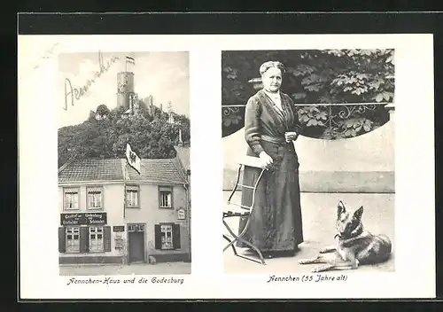 AK Godesberg am Rhein, Aennchen-Haus mit Godesburg, Porträtbild von Aennchen mit Schäferhund
