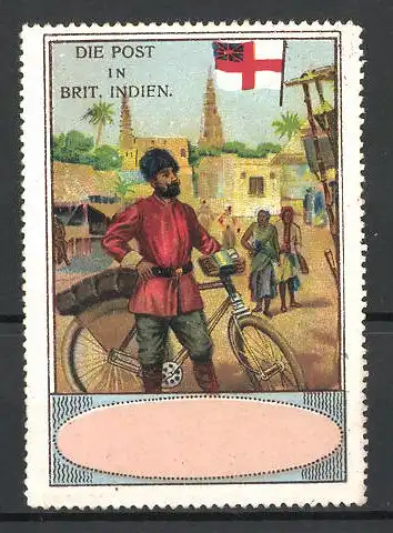 Reklamemarke Die Post in Brit. Indien, indischer Briefträger brint auf dem Fahrrad die Post