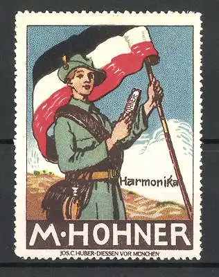 Reklamemarke M. Hohner's Harmonika, Pfadfinder mit Flagge und Harmonika