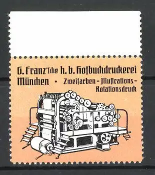 Reklamemarke Hofbuchdruckerei G. Franz, München, Zweifarben-Illustrations-Rotationsdruck