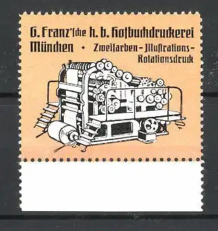 Reklamemarke Hofbuchdruckerei G. Franz, München, Zweifarben-Illustrations-Rotationsdruck