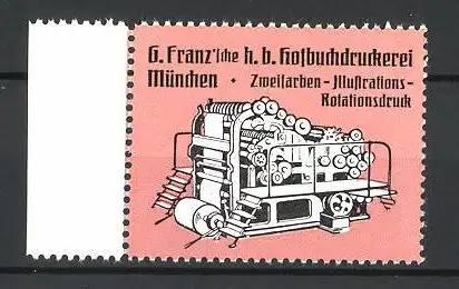 Reklamemarke Hofbuchdruckerei G. Franz, München, Zweifarben-Illustrations-Rotationsdruck