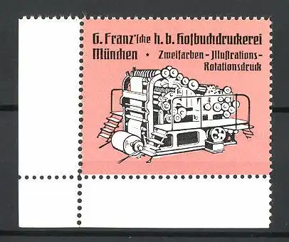 Reklamemarke Hofbuchdruckerei G. Franz, München, Zweifarben-Illustrations-Rotationsdruck