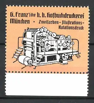 Reklamemarke Hofbuchdruckerei G. Franz, München, Zweifarben-Illustrations-Rotationsdruck