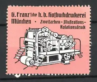 Reklamemarke Hofbuchdruckerei G. Franz, München, Zweifarben-Illustrations-Rotationsdruck