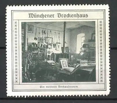 Reklamemarke Münchener Brockenhaus, Blick in einen Verkaufsraum