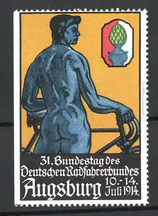 Reklamemarke Augsburg, 31. Bundestag des Deutschen Radfahrerbundes 1914, nackter Sportler mit Fahrrad, Wappen