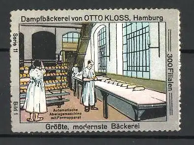 Reklamemarke Dampfbäckerei von Otto Kloss, Hamburg, Inneres mit automatischer Abwiegemaschine