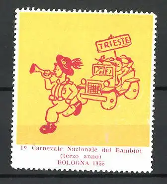 Reklamemarke Bologna, 1. Carnevale Nazionale dei Bambini 1955, Knabe mit Trompete, Auto fährt hinterher