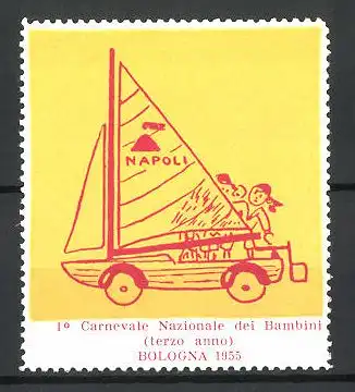 Reklamemarke Bologna, 1. Carnevale Nazionale dei Bambini 1955, Knaben mit Segelboot auf Rädern