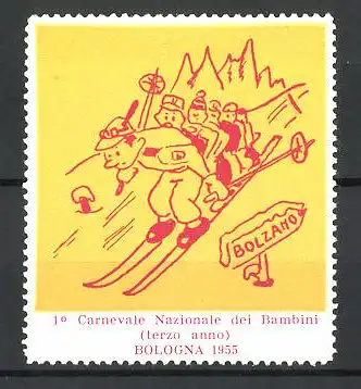 Reklamemarke Bologna, 1. Carnevale Nazionale dei Bambini 1955, beim Skilaufen