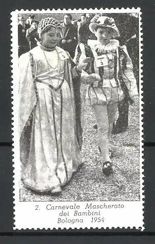 Reklamemarke Bologna, 2. Carnevale Mascherato dei Bambini 1954, kostümiertes Kinderpaar