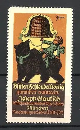 Künstler-Reklamemarke Blüten-Schleuderhonig von Joseph Gautsch, München, Knabe reitet einen Bären, Bienenstock