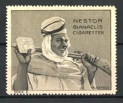 Reklamemarke Nestor Gianaclis Cigaretten sind Trustfrei, arabischer Krieger mit Zigarettenschachtel