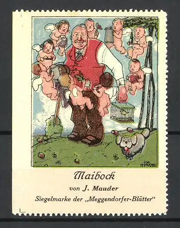 Reklamemarke Meggendorfer-Blätter, Maibock von J. Mauder, Mann ist von Engeln umringt