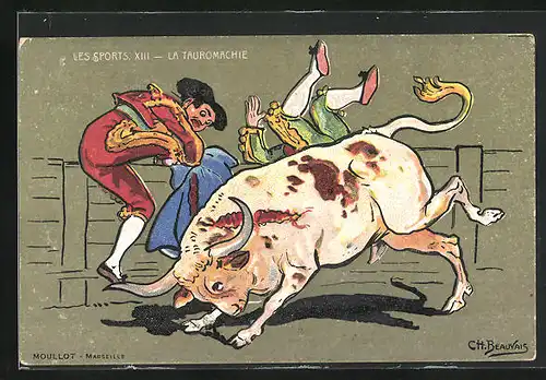 Künstler-AK sign. Ch. Beauvais: Les Sports XIII, la Tauromachie, Torero flüchtet vor einem wilden Stier