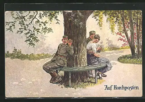 Künstler-AK Arthur Thiele unsign.: Auf Horchposten, Soldat belauscht ein Liebespaar auf einer Baumbank
