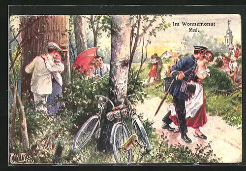 Künstler-AK Arthur Thiele: Im Wonnemonat Mai, romantische Spaziergänge von Liebespaaren am Waldrand