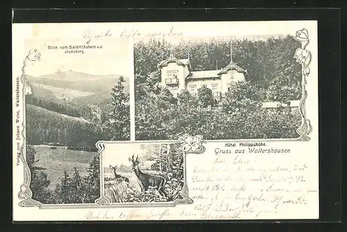 AK Waltershausen, Hotel Phillipshöhe, Blick vom Baldrichstein a. d. Inselberg