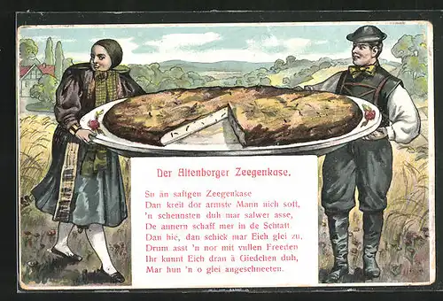 AK Treben, Paar in Tracht mit Altenborger Zeegenkase auf einem grossen Teller