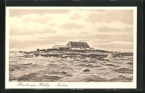 AK Hamburger Hallig / Nordsee, altes Haus bei Sturmflut