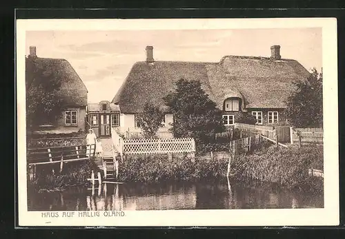 AK Hallig Oland, alte Häuser am Ufer