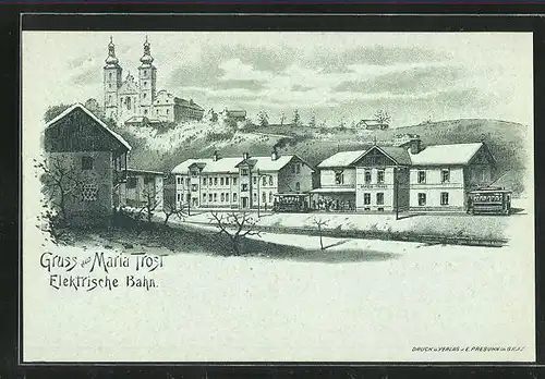 Mondschein-Lithographie Maria Trost, Bahnhof Elektrische Bahn und Kirche