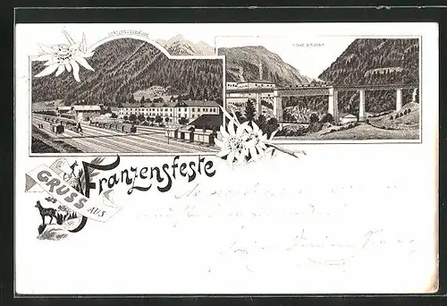 Lithographie Franzensfeste, Stationsgebäude und Hohe Brücke