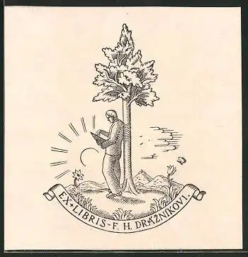 Exlibris F. H. Draznikovi, Mann liest am Baum