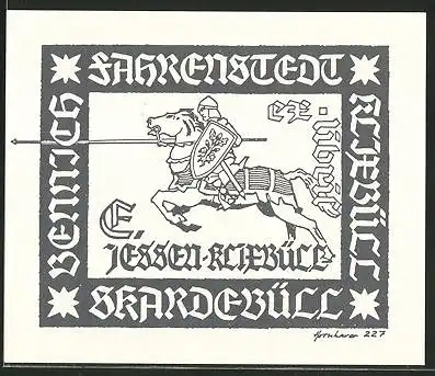 Exlibris E. Jessen-Klixbüll, Ritter mit Pferd, Schild und Speer