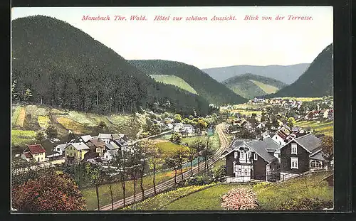 AK Manebach / Thür. Wald, Hotel zur schönen Aussicht, Blick von der Terrasse