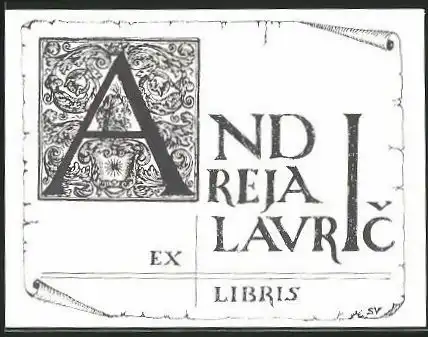 Exlibris Andreja Lavric, Wappen mit Sonne, Initialen A
