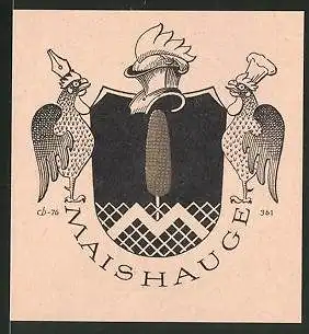 Exlibris Maishauge, Wappen mit Ritterhlm und Hühner