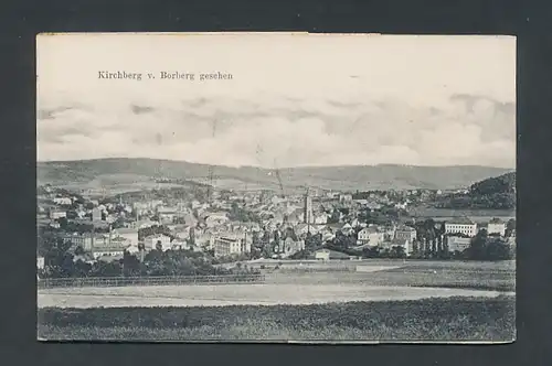 Klapp-AK Kirchberg, Bahnhofstrasse, Kramers Heilstätte, Borberg mit Pohlteich, Totalansicht der Ortschaft