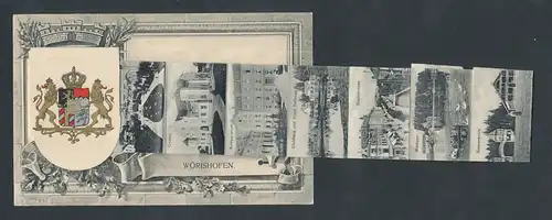 Leporello-AK Wörishofen, Clubhaus und Hotel Bellevue, Casino, Bachstrasse, Wappen