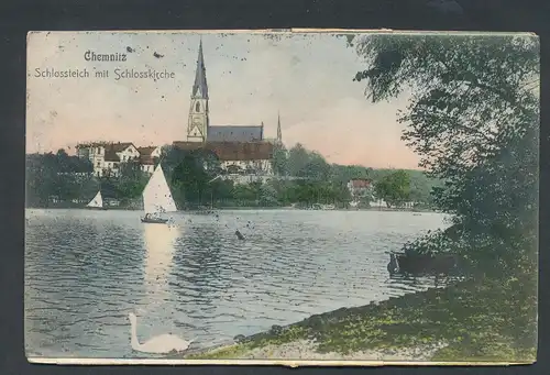 Klapp-AK Chemnitz, Schlossteich m. Schlosskirche, Hauptmarkt, Stadtpark, Rathaus, Johannisplatz, Hauptbahnhof