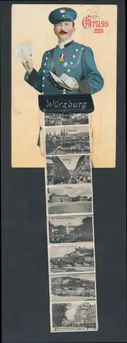 Leporello-AK Würzburg, Briefträger, Gesamtansicht, Kaiserstrasse, Residenz, Festung mit alter Brücke, Käppele, Falkenhaus