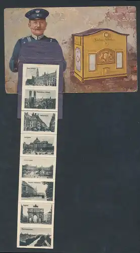 Passepartout-Lithographie München, Briefträger mit Postmappe, Neues Rathaus, Frauentürme, Hofbräuhaus, Justizpalast