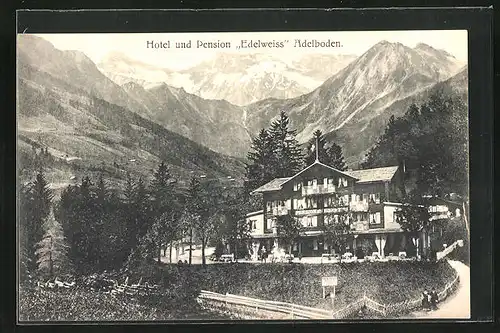 AK Adelboden, ANlagen am Hotel und Pension Edelweiss, Blick in die Alpen